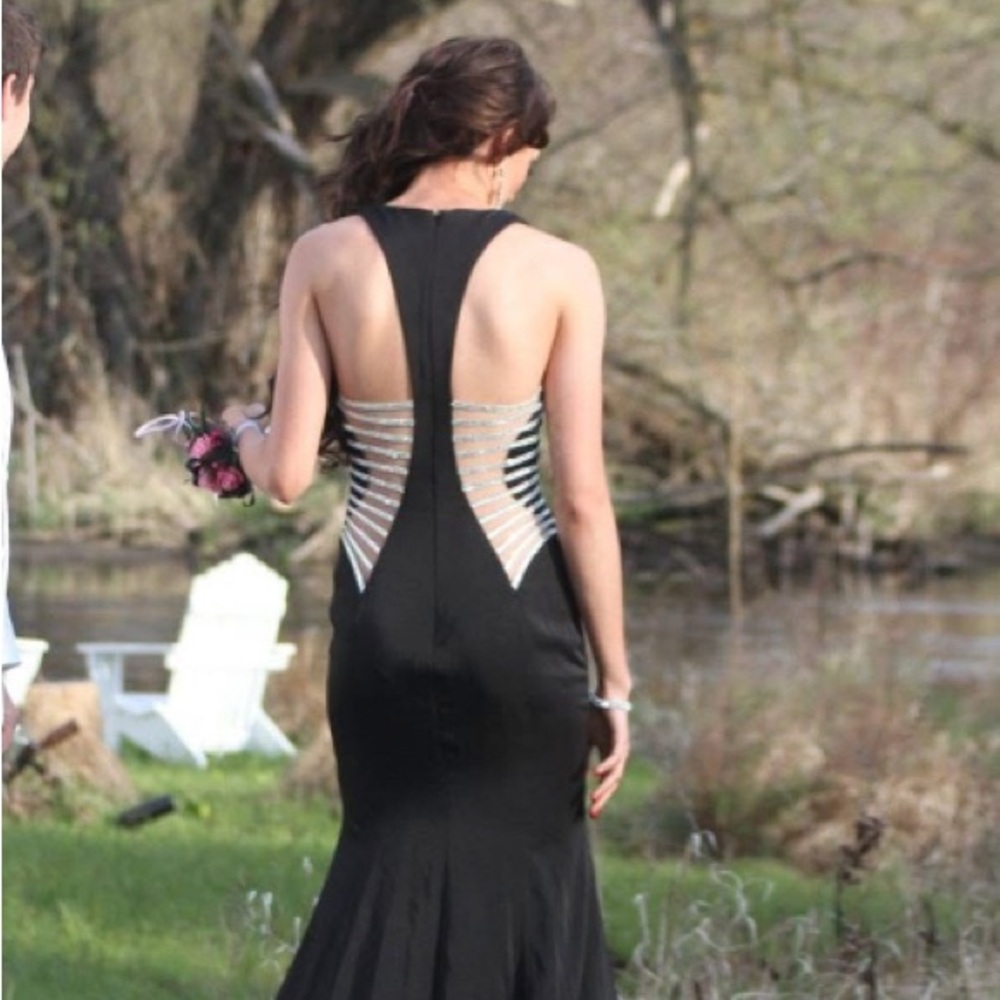La Femme Black Sleeveless Halter Gown